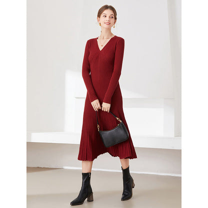 women fashion long sleeve knitwear slim fit elegant pullover v neck sweater knit midi dress