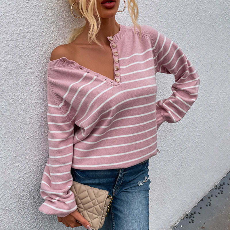 Hot selling crew neck long sleeve jumpers pullover casual single-breasted elegant striped sweaters for women