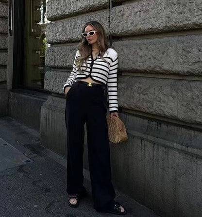 New Arrivals Round Neck Casual Single-breasted button-up curved sweaters coats elegant Women Striped Cardigan