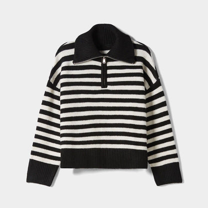 Autumn winter soft loose lazy stylish lapel collar half zipper high neck thick striped women’s sweater