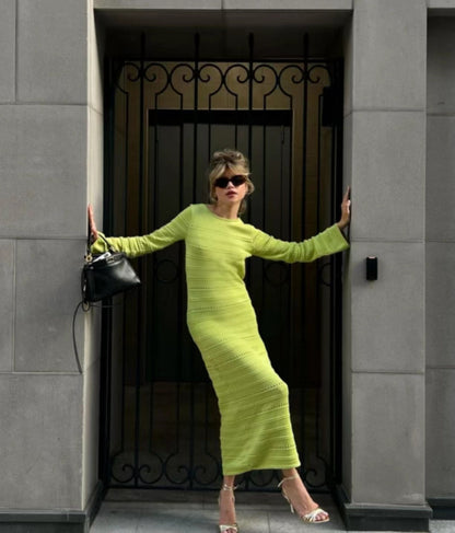 Knitwear winter long sleeve slim fit irregular design casual maxi hollow out knit dress women