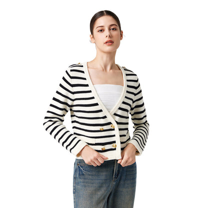 Knitwear Black white striped Merino wool elegant sweater coat Double Breasted gold cardigans women
