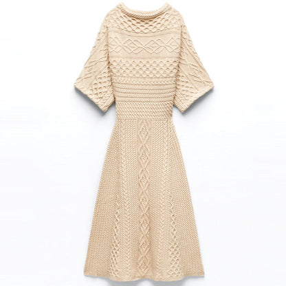 High-end design knitwear solid color women slim waist summer half-sleeve A-line long cable knitted dress
