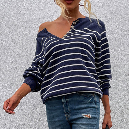 Hot sales autumn winter single-breasted button jumper mujer casual pullover striped leisure women sweaters