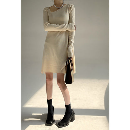 pure color asymmetrical neck pullover knitwear elegant Design sense niche knit dress women long sleeve base skirts