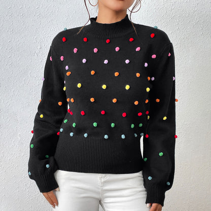New arrivals Loose Elegant Colored beaded knitwear round neck pullover puff sleeve casual sweater women