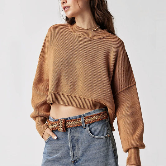 clothing round neck casual knitwear pullover striped oversize long sleeve short cropped sweaters women