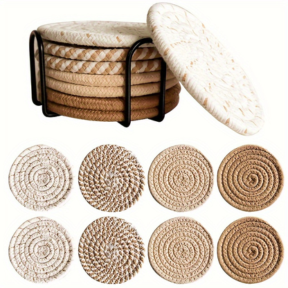 6-piece elegant woven polyester coaster set with black metal stand