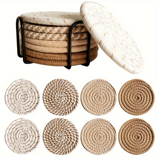 6-piece elegant woven polyester coaster set with black metal stand